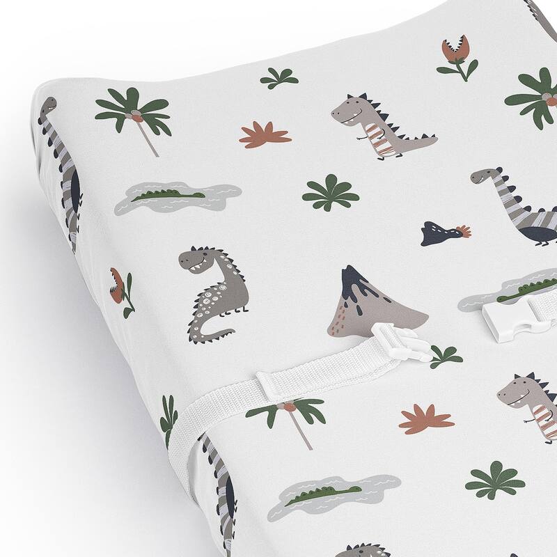 Sweet Jojo Designs Modern Dinosaurs Boy Girl Gender Neutral Unisex Changing Pad Cover Sheet Beige Grey Dino Reptile Trex Green