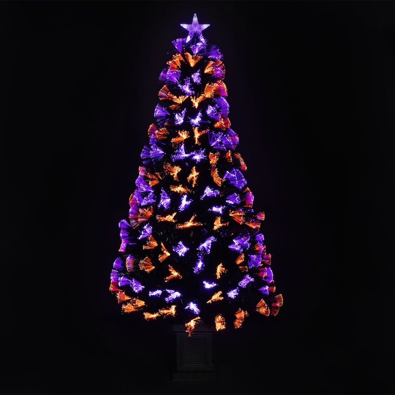 8-Function Fiber Optic Artificial Pine Potted Halloween Tree - 5' - Black - Orange and Purple LED - 3-to-6-feet