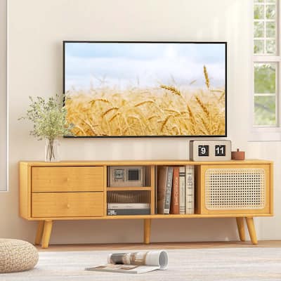 Bamboo TV Stand Console Table with PE Rattan Door & 2 Drawers