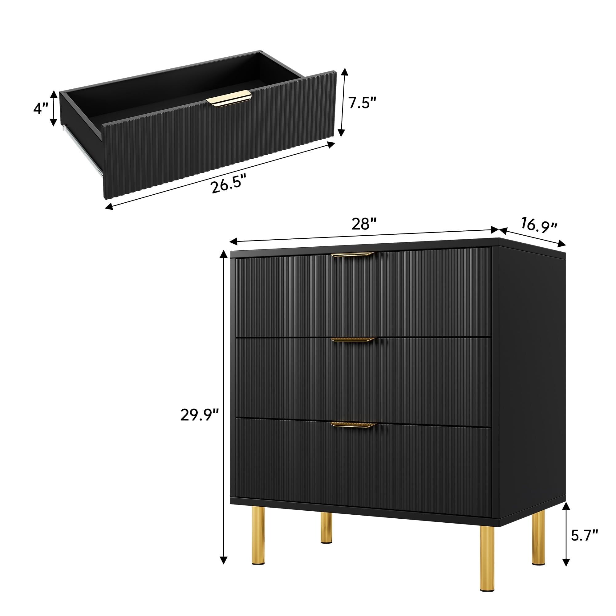 Modern 6-Drawer Dresser For Bedroom - Black Wood Chest Of Drawers With Gold  Metal Handles