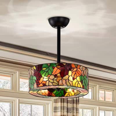 Ralfa 6-light Tiffany Glass Fandelier Lighted Ceiling Fan Floral and Berries Design Remote Control - Multi-Color
