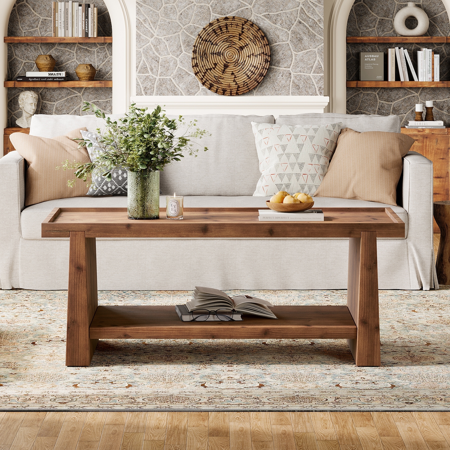 47" Solid Wood Coffee Table with 2-Tier Storage for Living Room