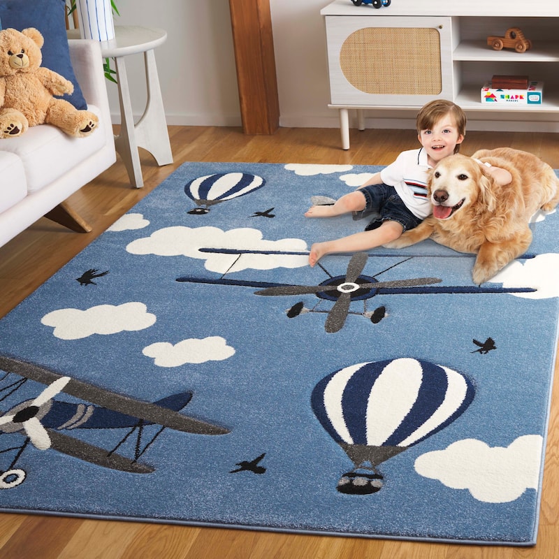 SAFAVIEH Carousel Kids Rudolfina Airplane Rug - 2' x 8' Runner - Blue/Ivory