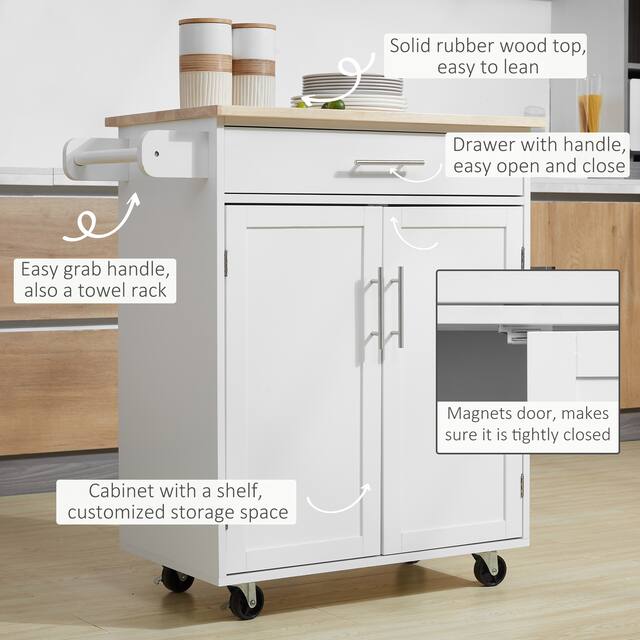 HOMCOM Kitchen Island Cart Rolling Trolley Cart with Drawer, Storage Cabinet & Towel Rack