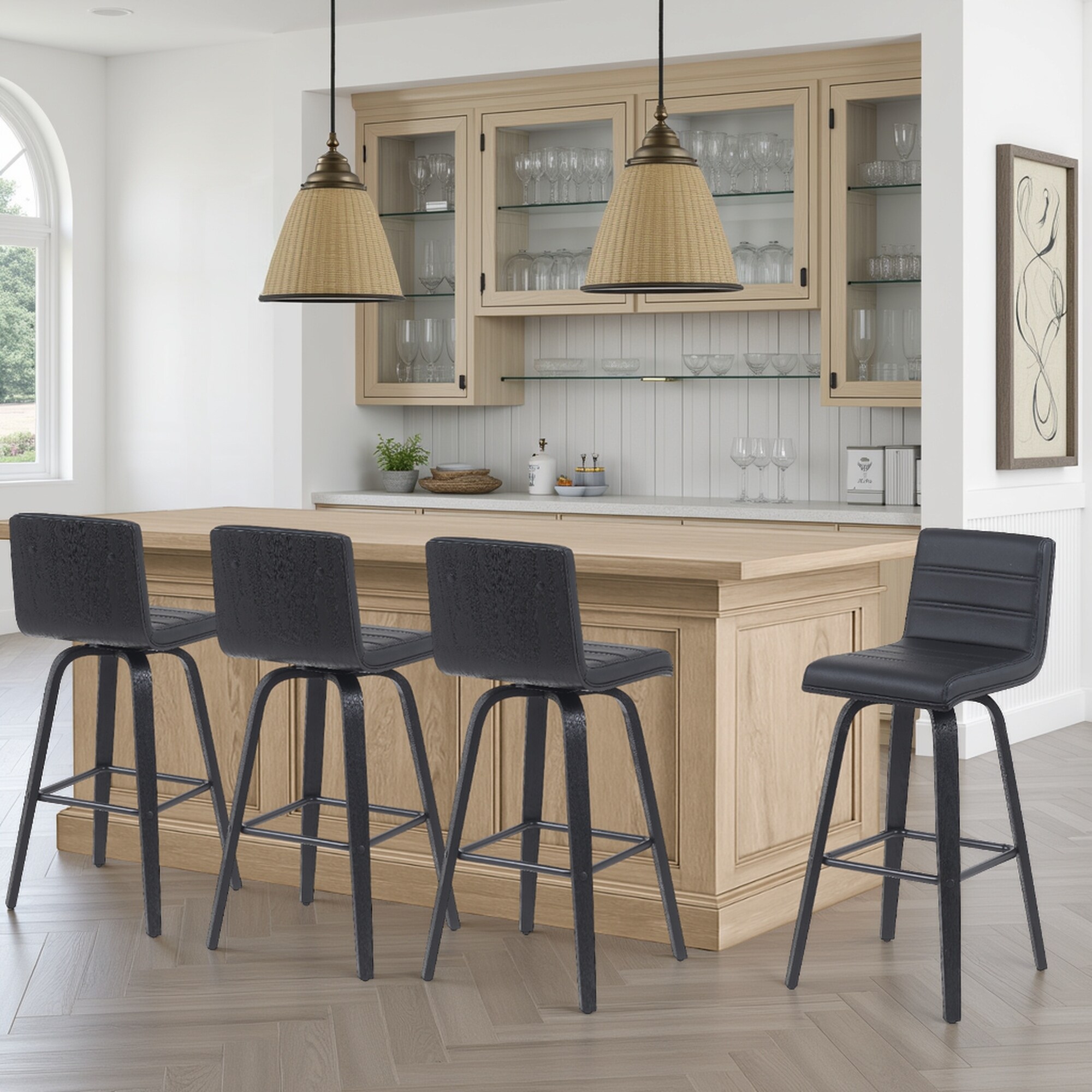 Skara Swivel Bar Stool, Upholstered Bar Height Chair with Bentwood Frame