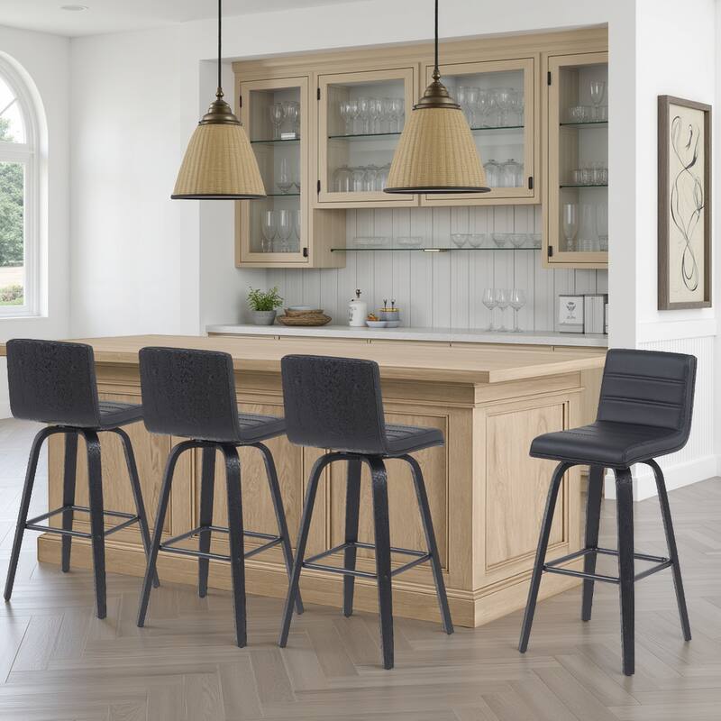 Skara Swivel Bar Stool, Upholstered Bar Height Chair with Bentwood Frame - Black Faux Leather & Black - Set of 4