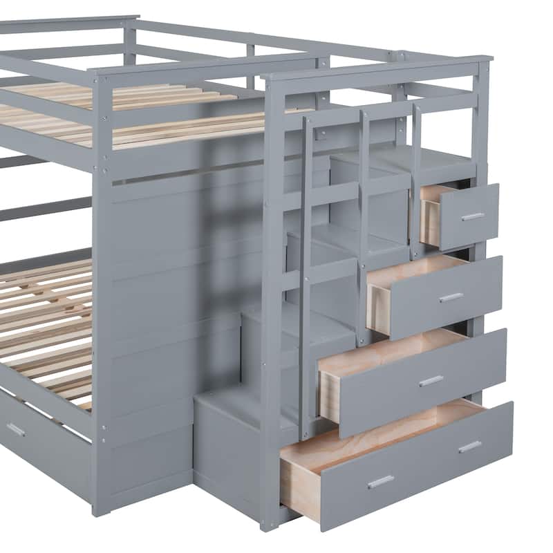 Twin/Full Size Bunk Bed with Trundle Bed and Storage Staircase, Solid Pinewood Bunk Bed Frame with Safety Guardrail