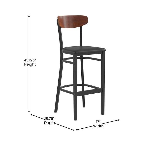 dimension image slide 5 of 13, Commercial Metal Barstool with Wood Seat and Boomerang Back