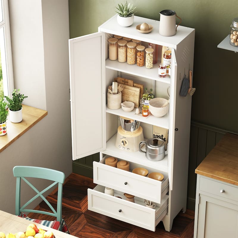 72 Inch White Pantry Cabinet with 2 Drawers, Freestanding Kitchen Storage Cabinet with Adjustable Shelves