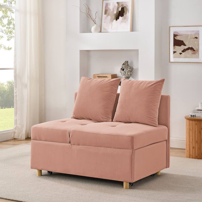 Roomfitters Convertible Sleeper Sofa Chair with Adjustable Backrest, Pullout Bed and Wheels, Linen Fabric - Pink