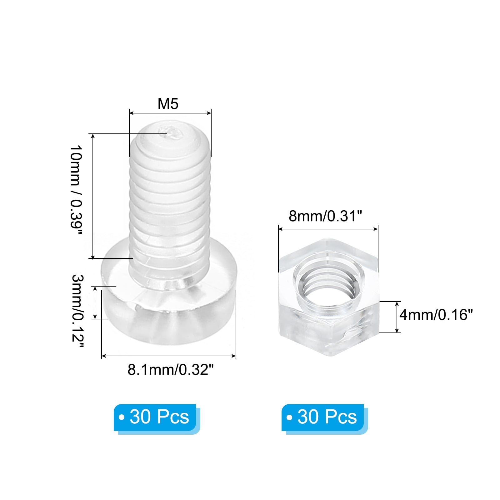 Clear Acrylic Screws and Hex Nuts Kit, 30 Set PC Plastic Phillips Round Head Bolts for Machine Accessories - Transparent