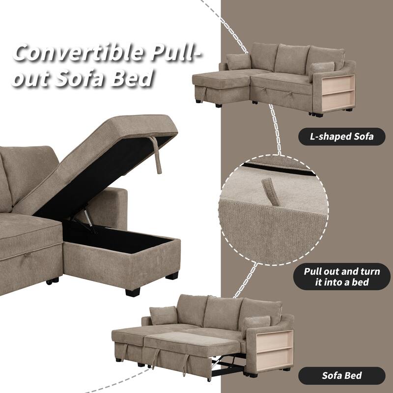 Pull Out Sleeper Sofa L-Shaped Couch Convertible Sofa Bed,Storage Chaise, Storage Racks,USB