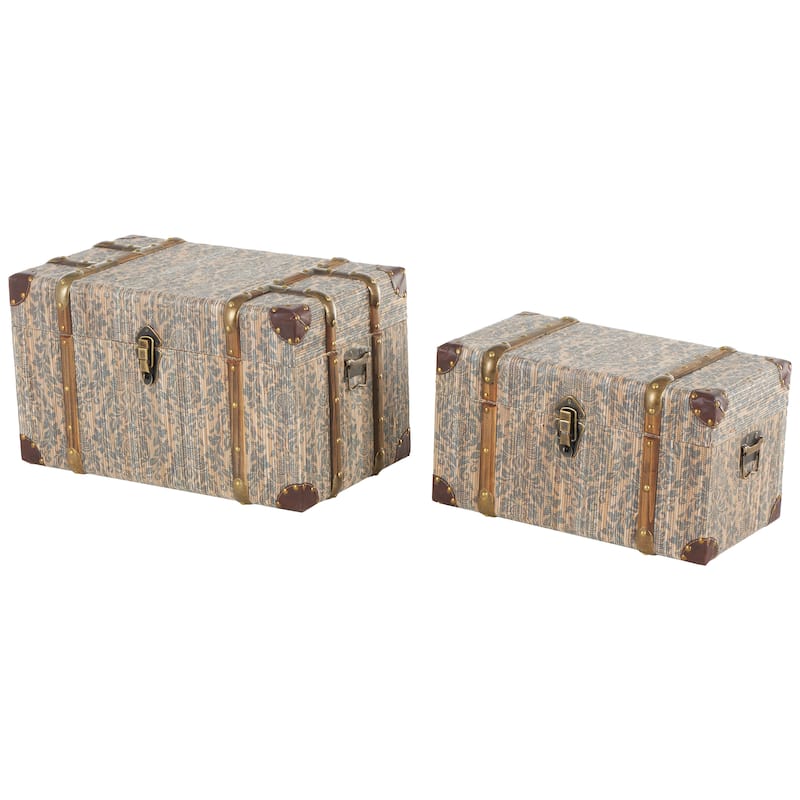 Blue Wooden Vintage Storage Floral Decorative Trunk with Brown Leather and Wood Accents and Gold Studs (Set of 2)