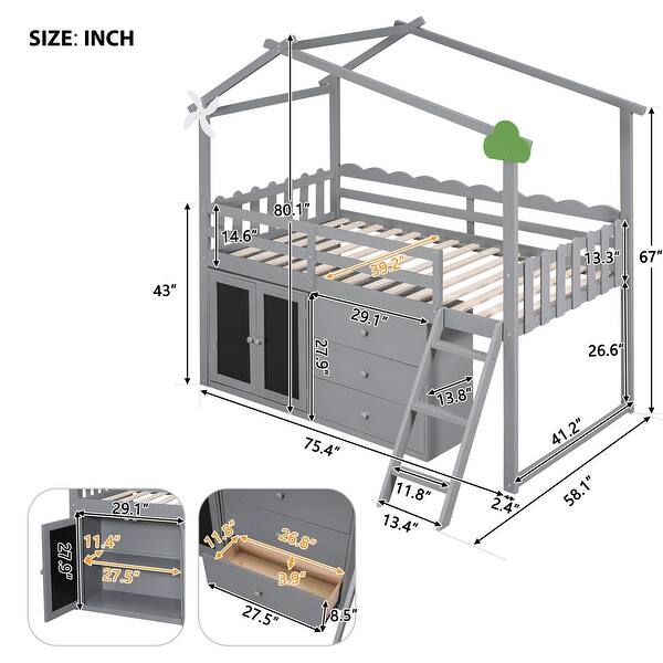 Grey Twin Pinewood Loft Bed with Fence and Storage