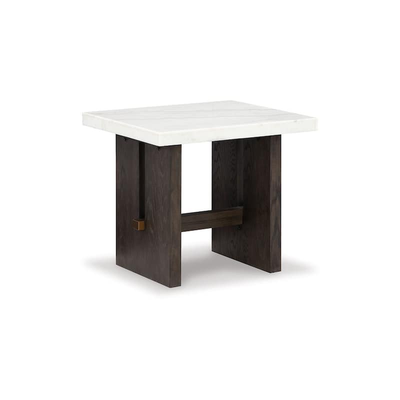 Haus Side End Table, Marble Top, Panel Legs, 26 Inch Brown Solid Wood