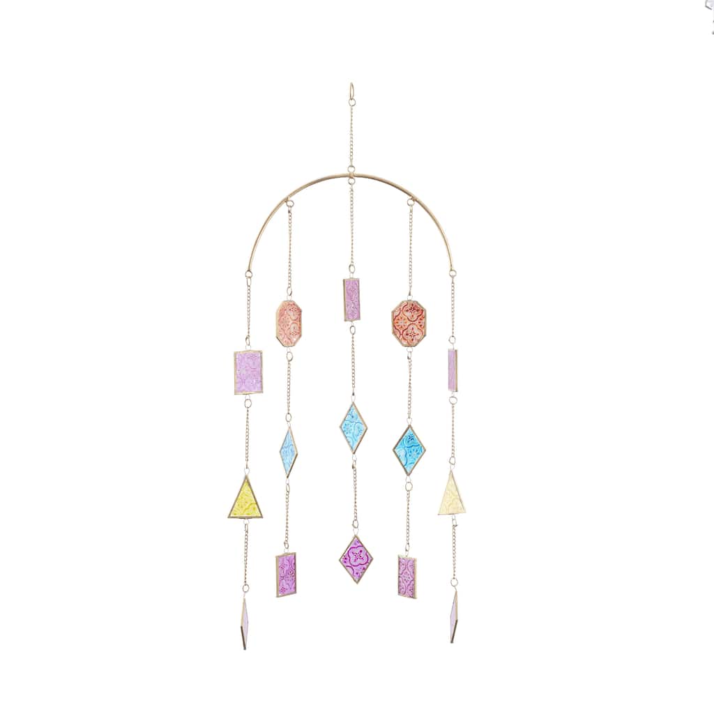 Metal Geometric Indoor Outdoor Windchime with Stained Glass - Multi Colored - Roche River Decor