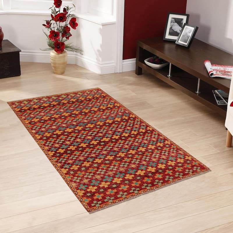 Eclectic Balochi Spence Red/Blue Hand Knotted Wool Rug - 3'3'' x 5'0''