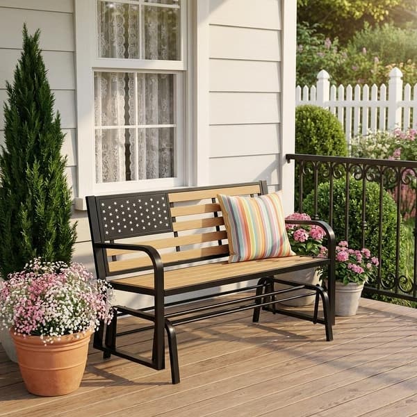 Covered Rocking Bench 2-Person Outdoor Glider Bench with Classic American Backrest – Weather ...