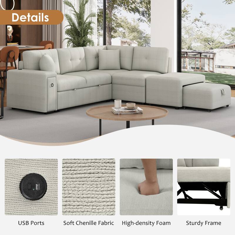 Convertible Sectional Sofa Bed with Ottoman, Chenille L-Shaped Pull Out Couch with Drawer 2 USB Ports & 2 Cup Holders