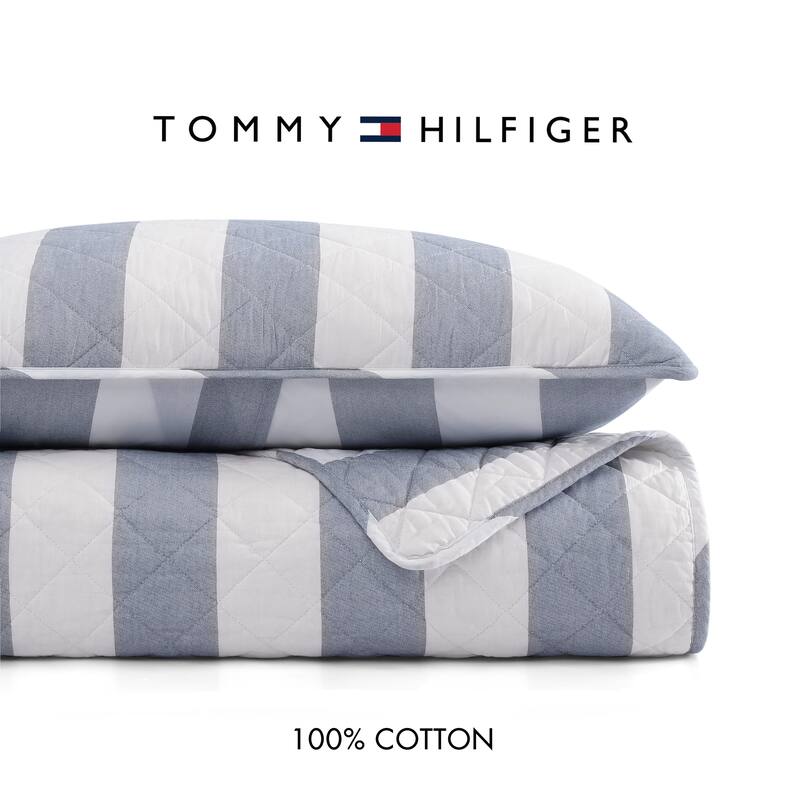 Tommy Hilfiger Capri Stripe Blue Cotton Reversible Quilt Set