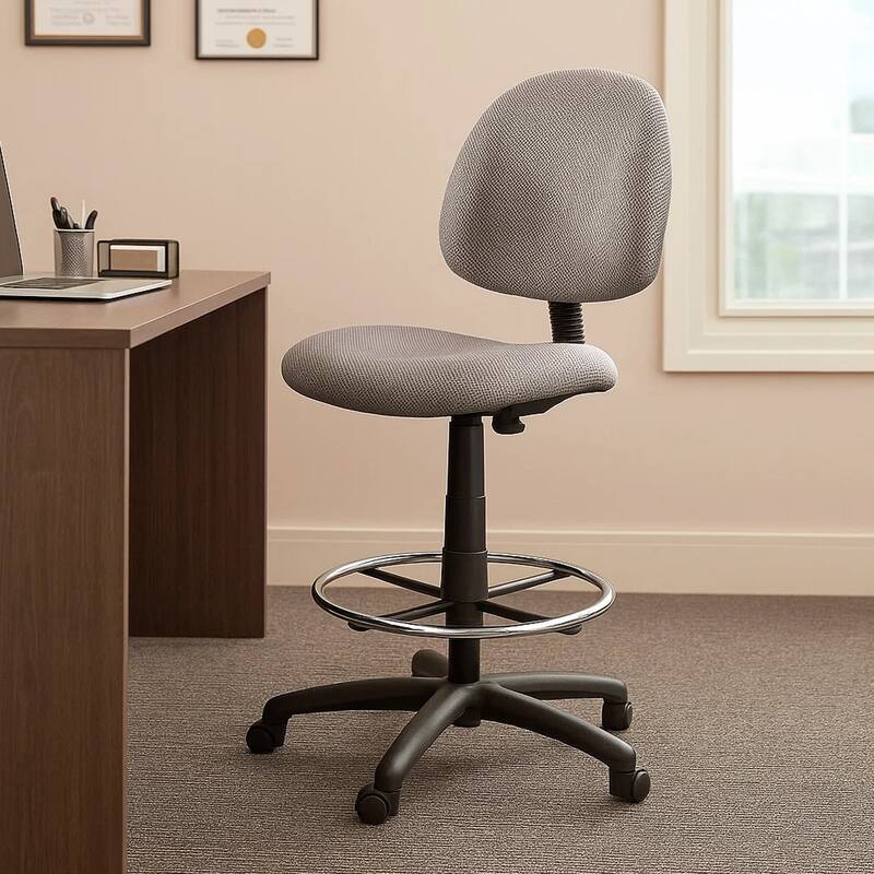 Jea Drafting Stool Chair, Gray Tweed, Contoured Back and Footring