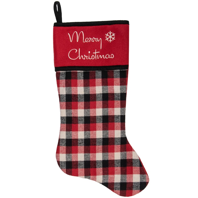 20.5-Inch Red Black and White Plaid Christmas Stocking with Fleece Cuff - 20.5"