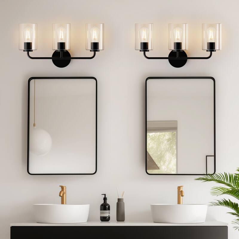 YANSUN 3-Light Black Vanity Light with Clear Cylindrical Glass Shades, Modern E26 Wall Sconce for Bathroom or Hallway
