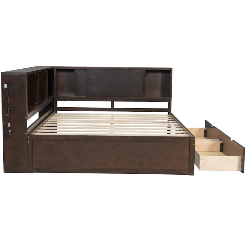 Queen Size Wood Daybed with LED Storage Shelves, USB Ports, and 2 Drawers by Harper&Bright Designs