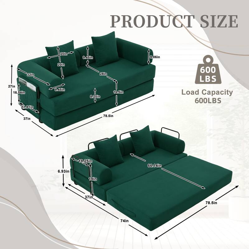 Foldable Modular Couch Sleeper Loveseat Sofa Bed with Storage Side Pocket, Detachable Metal Frame and Corduroy Fabric Cover
