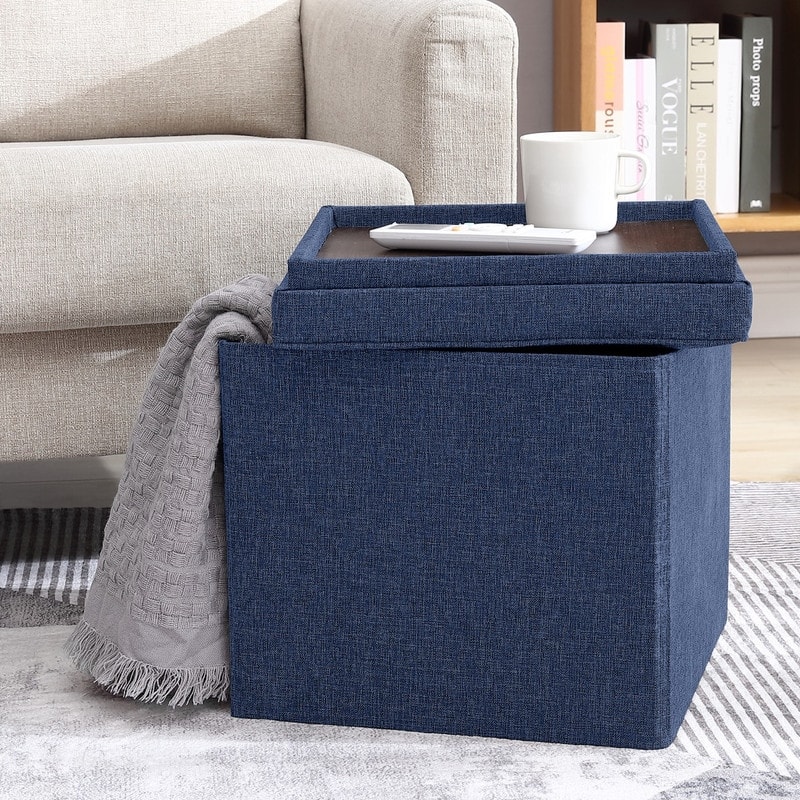 Foldable Tufted Square Storage Ottoman with Table Top Lid