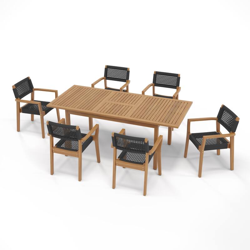 Outdoor Wooden Dining Table with 6 Woven - Seat Chairs Set