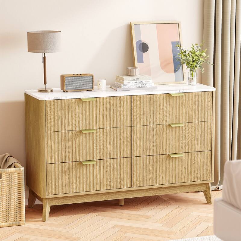 47" Wooden Buffet Cabinet With Faux Marble Top & Fluted Chest Of Drawers With Curved Edges