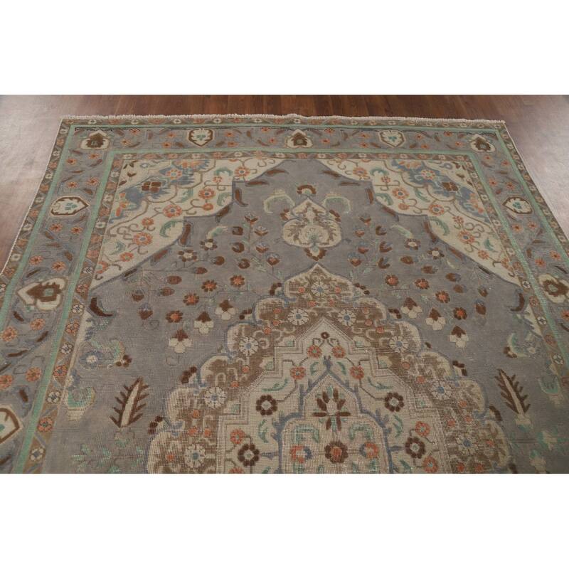 Distressed Grey Tabriz Vintage Persian Rug Hand-Knotted Wool Carpet - 6'7" x 9'4"
