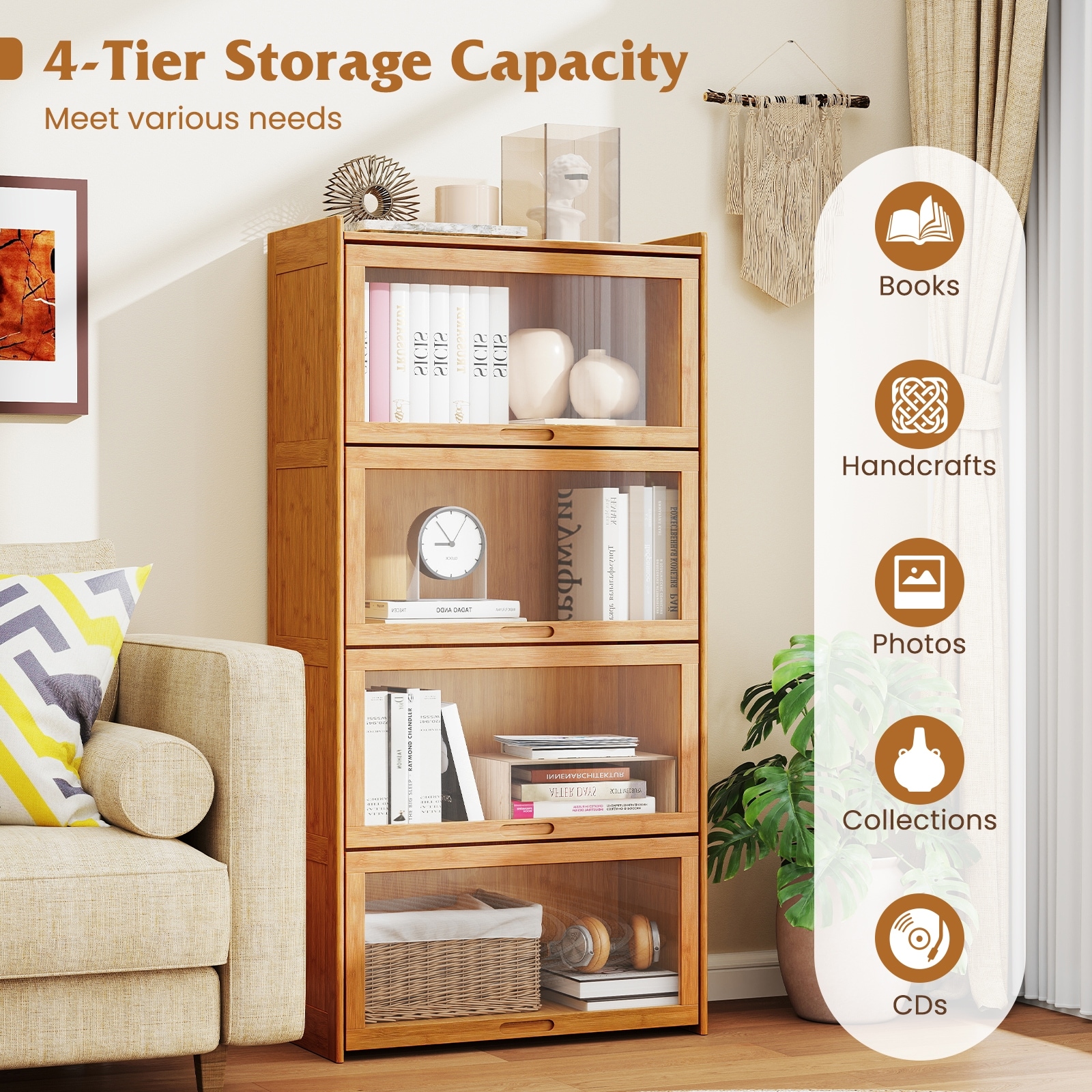 Gymax 4-Tier Bamboo Bookshelf w/Doors See-through Acrylic Doors