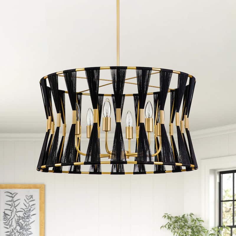 6-light Modern Boho Hand-wrapped Woven Chandelier Natural Ivory Rope Fabric Drum Pendant Light