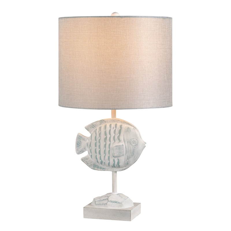 Light Blue and White Resin Fish Table Lamp with Shade - 14" x 14" x 24.5"