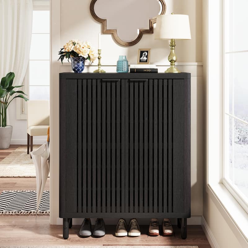 24 Pairs Wood Shoe Storage Cabinet with 2-Door and Adjustable Shelving for Entryway Living Room
