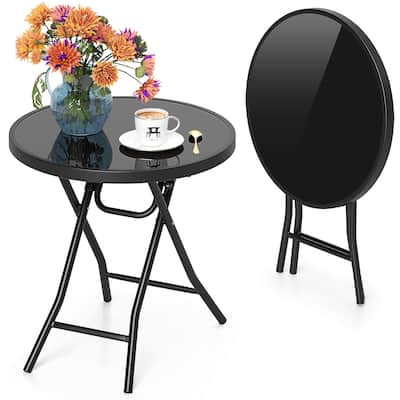 Gymax Round Folding Side Table 18 Inch Patio Coffee Table w/ Tempered