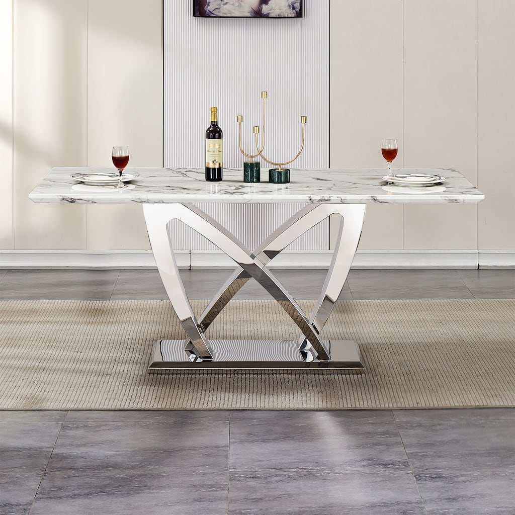 70'' Rectangle Faux Marble Dining Table with Mirrored Finish Stainless Steel Base - Silver+White