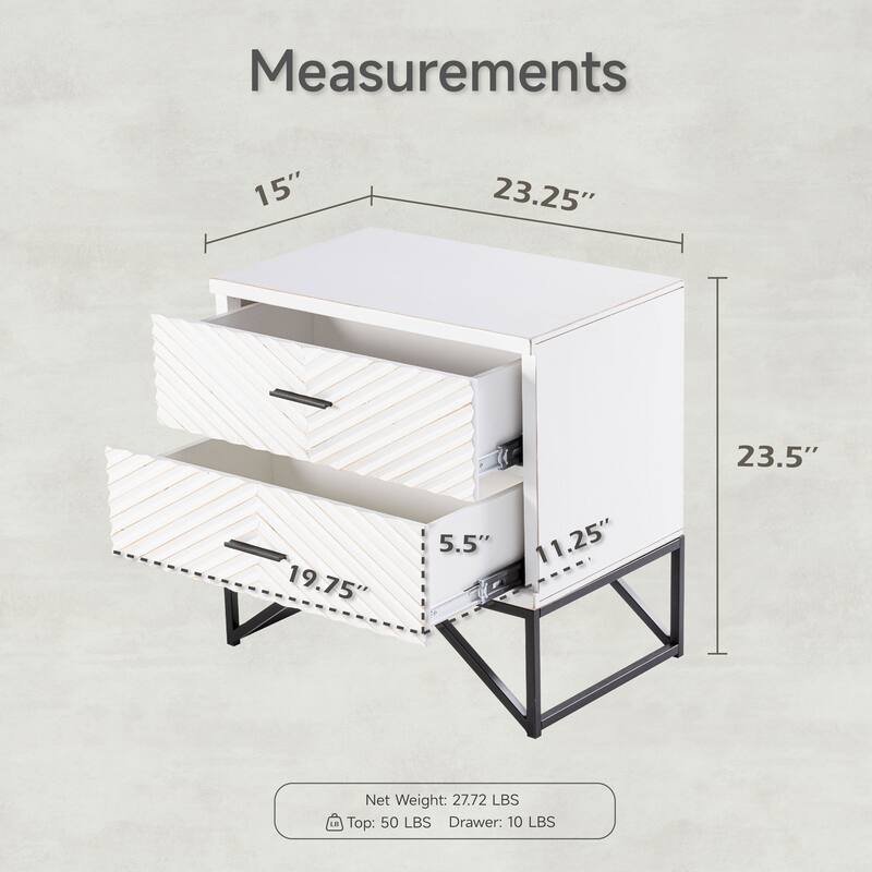 COZAYH Modern 2-Drawer Nightstand, Contemporary Line Accent End Side Table with Black Metal Base for Bedroom, Living Room