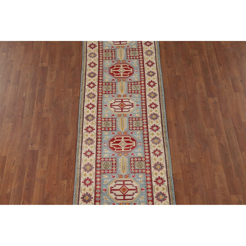 Geometric Blue Kazak Oriental Runner Rug Handmade Wool Carpet - 2'6" x 13'1"