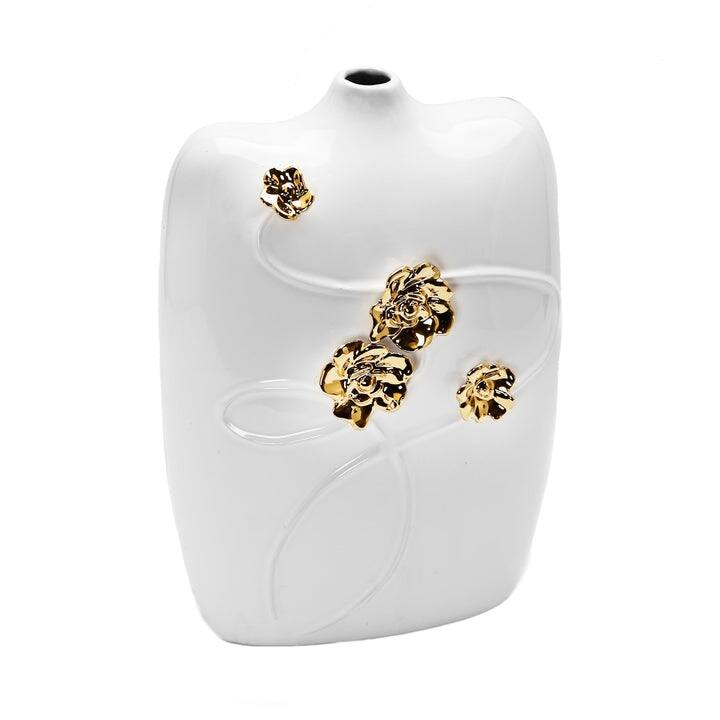 Gold Floral Design White Ceramic Vase - White/Gold