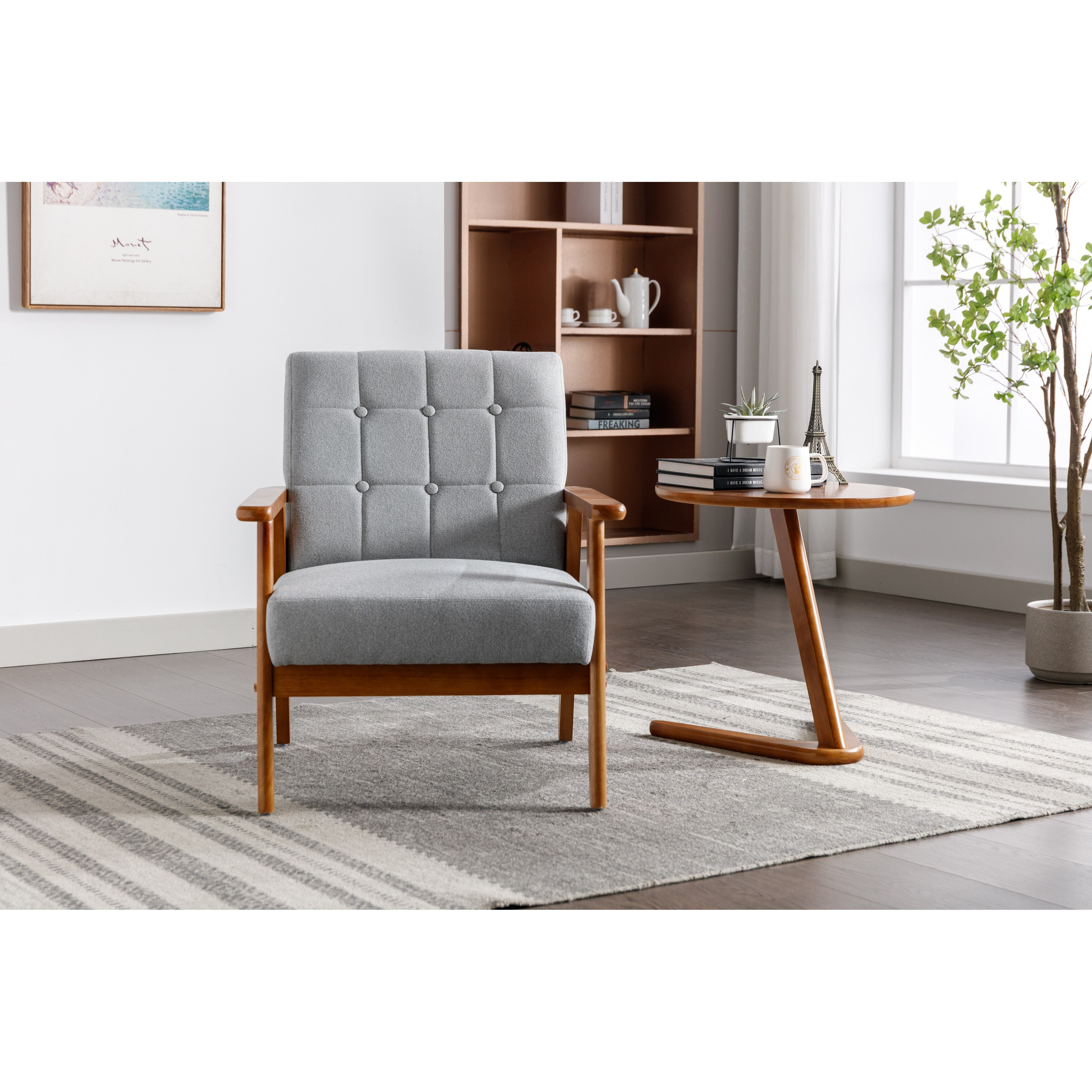 Leisure Chair with Solid Wood Armrest and Feet, Mid-Century Modern Accent  Sofa, Grey