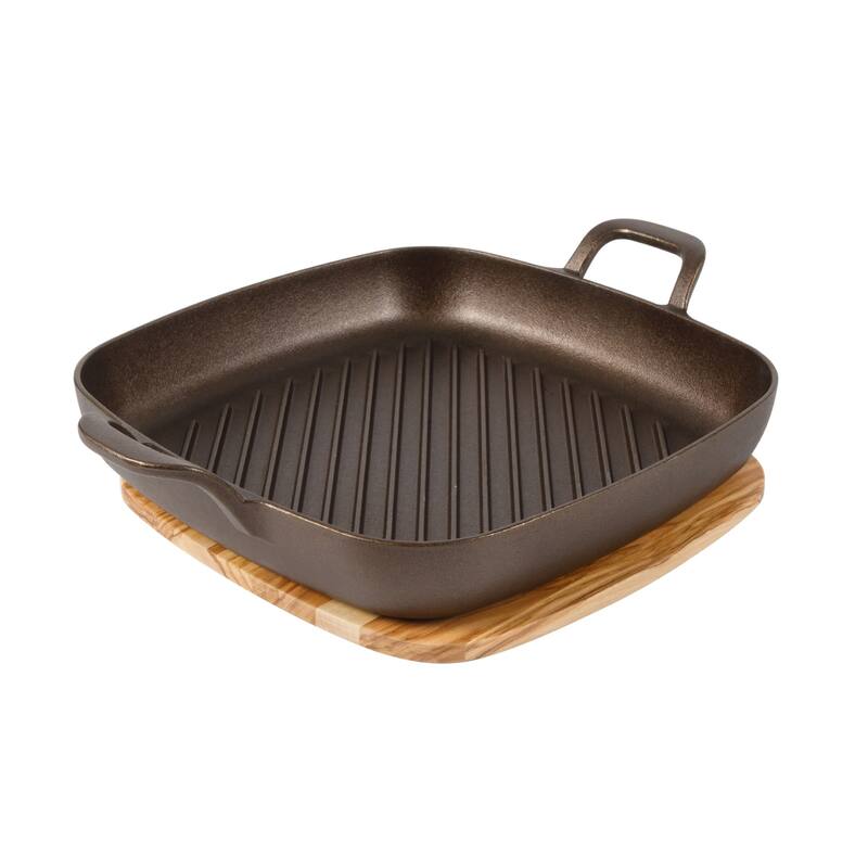 Bloomhouse Natural Bronze Finish Pre-seasoned Cast Iron Grill, Everyday Pan, Skillet & Olive Wood Trivet