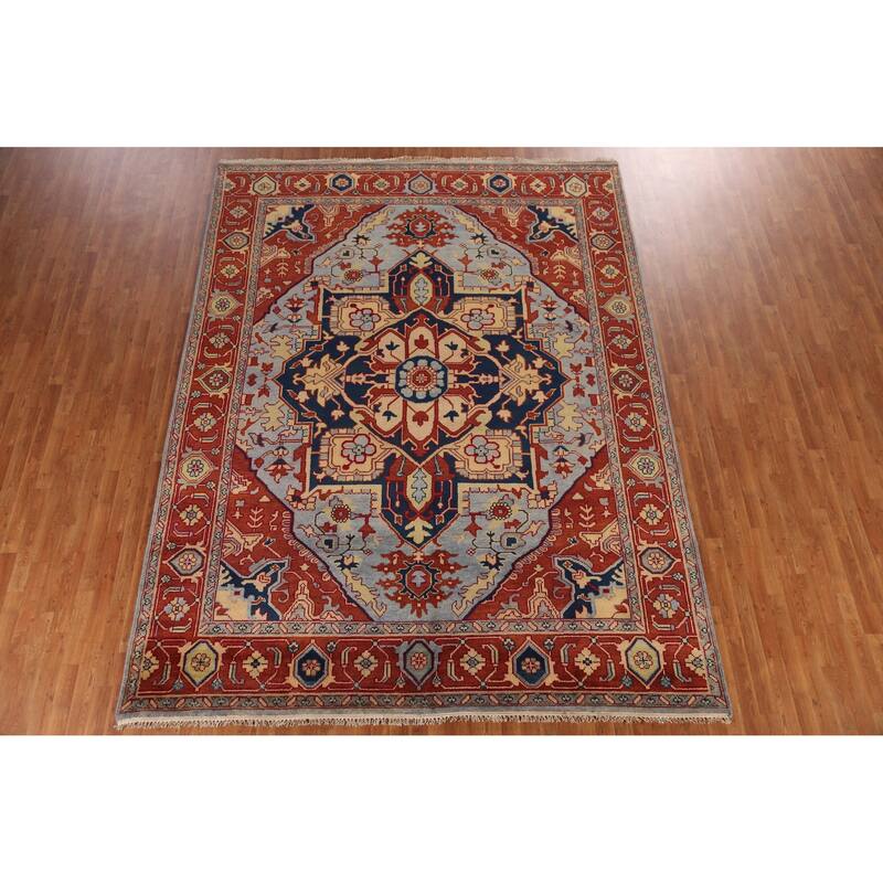 Blue & Orange Heriz Serapi Indian Area Rug Handmade Wool Carpet - 9'0" x 11'9"
