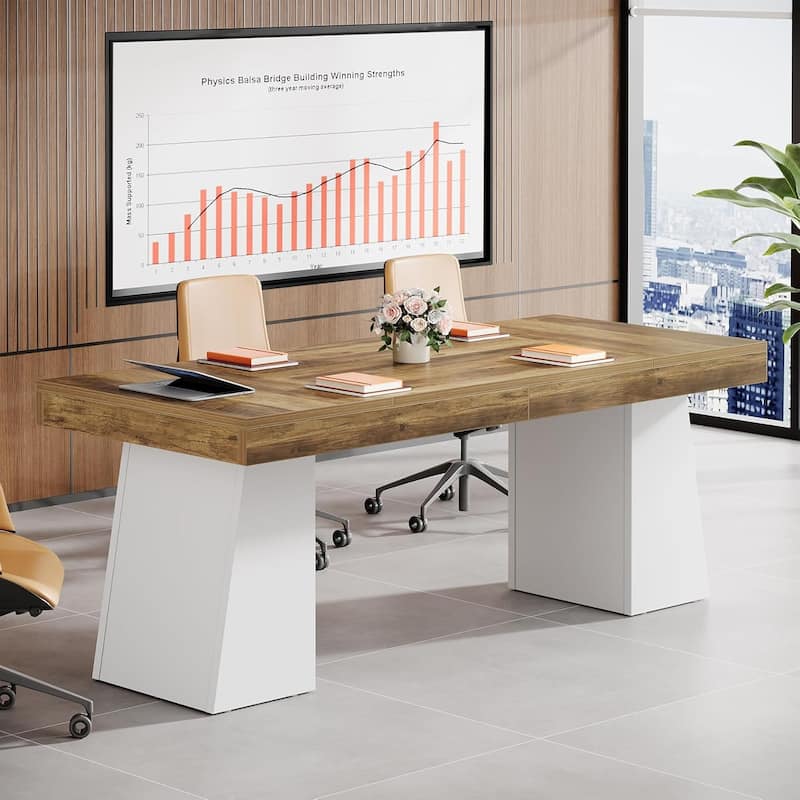 Conference Table, Modern Meeting Table with Thick Tabletop and Trapezoidal Legs