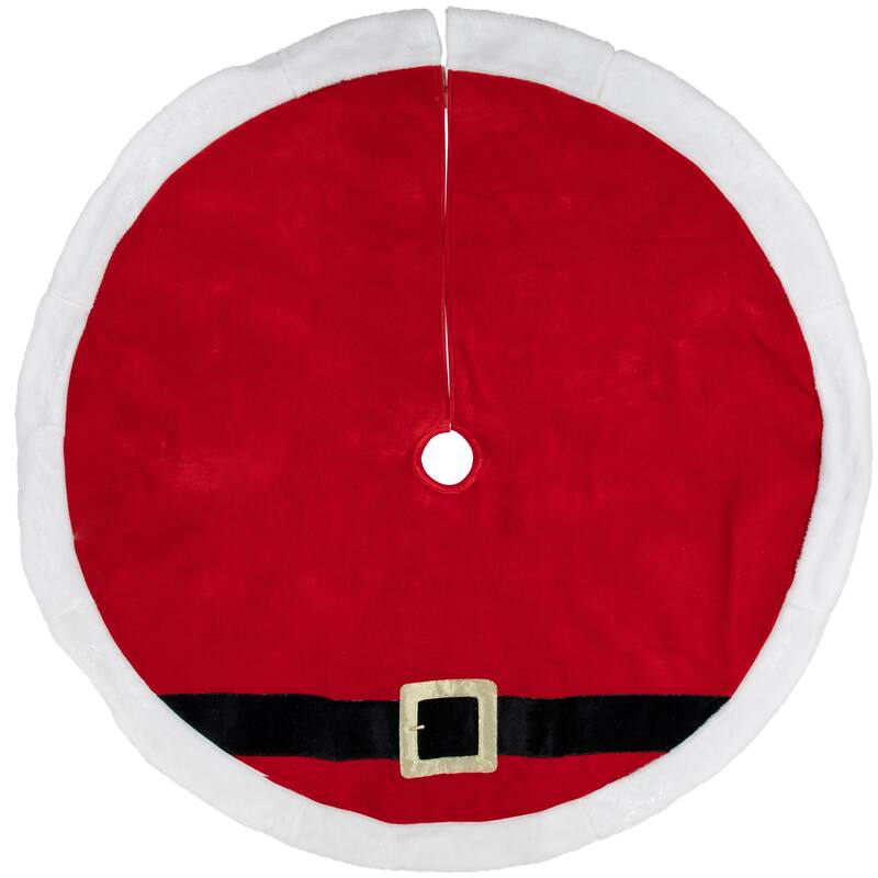 48" Red White Velveteen Santa Claus Belt Buckle Christmas Tree Skirt