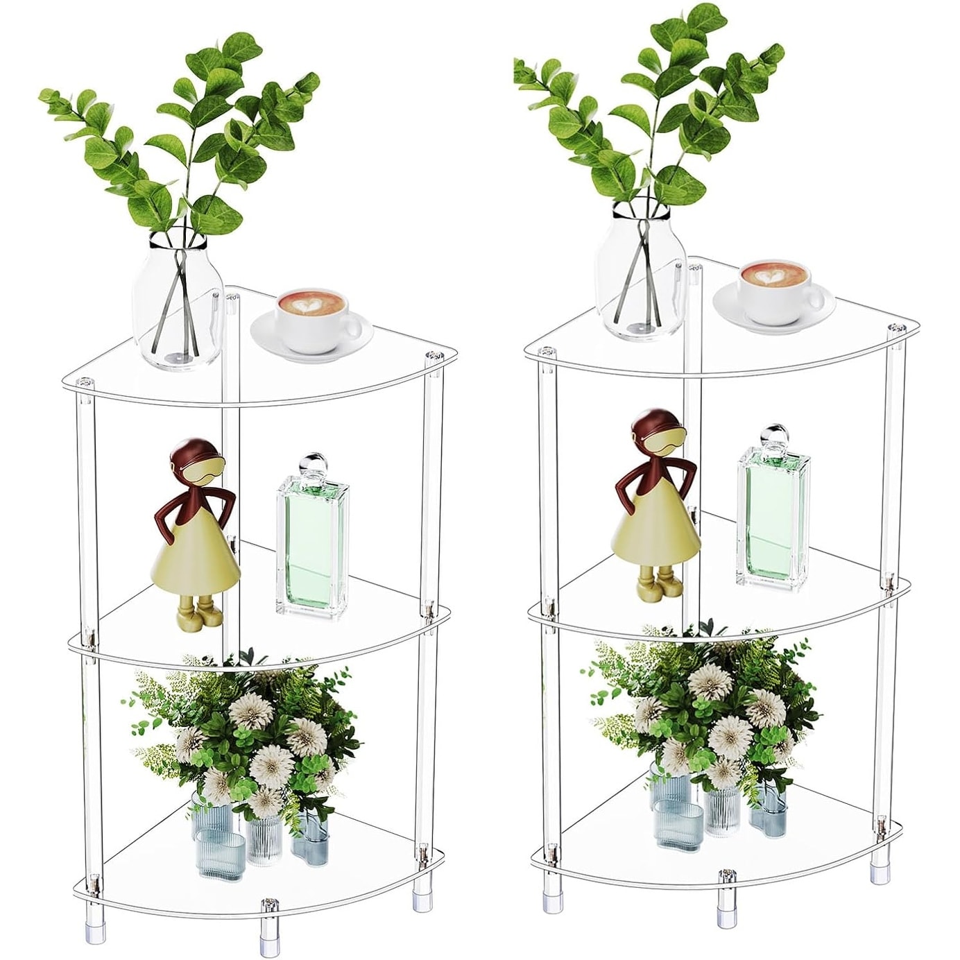 Set of 2 Clear Acrylic Triangle Side Tables, 3-Tier Corner Shelf for Living Room, Bedroom, Bathroom