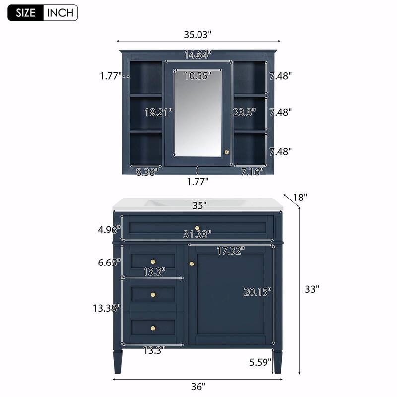 36'' Bathroom Vanity with Top Sink - Modern Storage Cabinet with Mirror