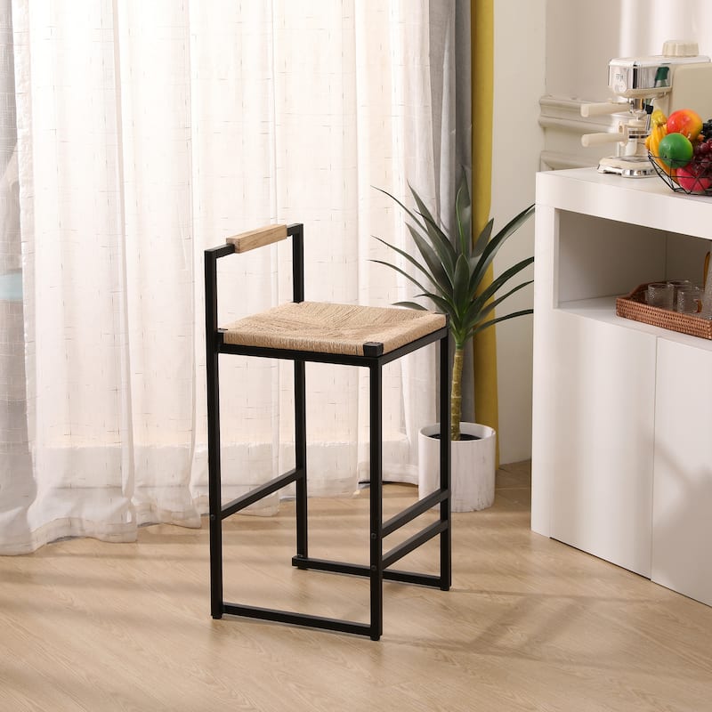 2pcs Bar Stools with Back Paper Rope Woven Counter Height Dining Chairs - N/A
